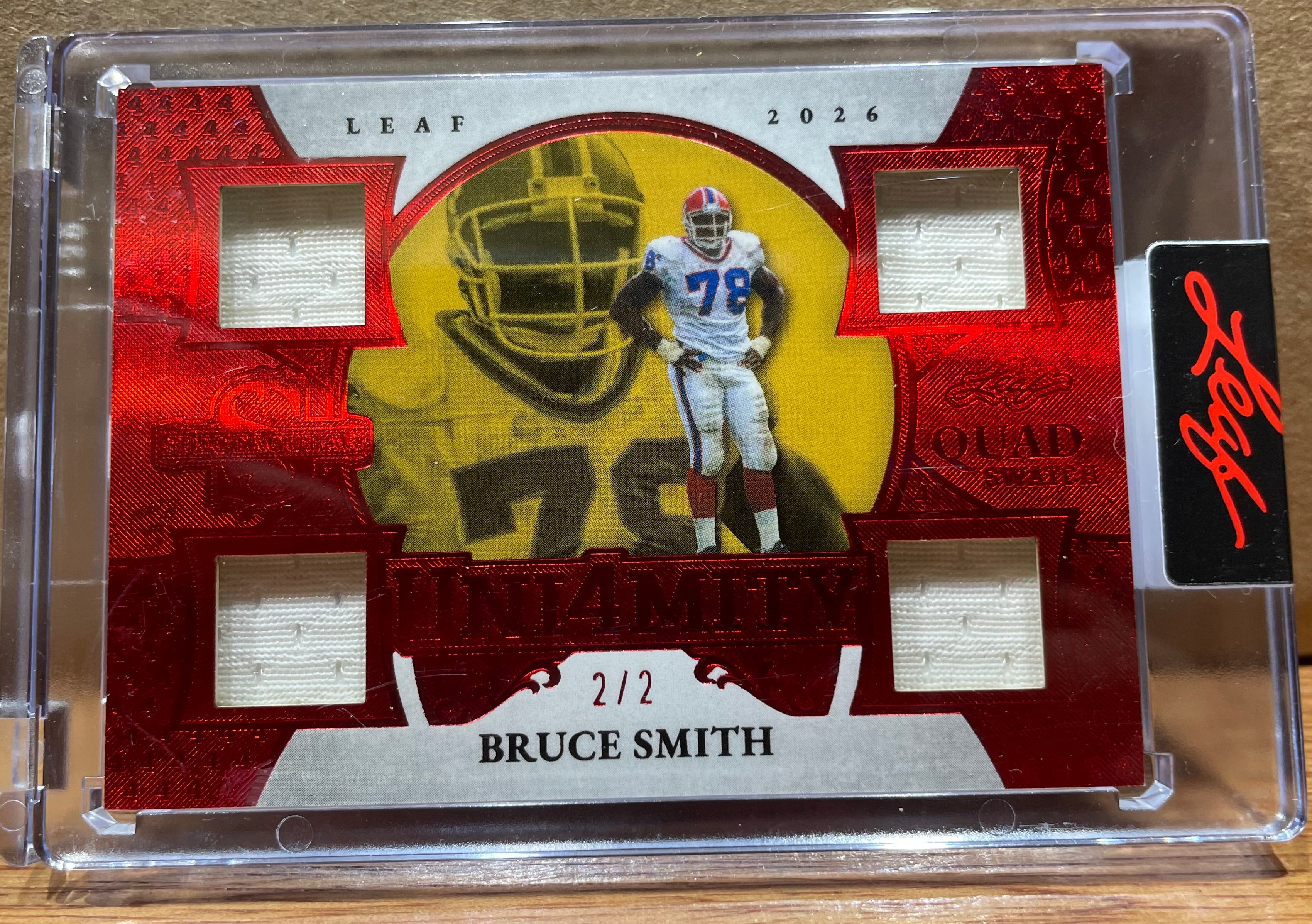 Bruce Smith 2026 Leaf Spectacular Uni4mity 4 Quad Swatch.  Game Worn Numbered 2/2
