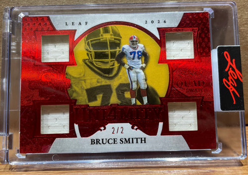 Bruce Smith 2026 Leaf Spectacular Uni4mity 4 Quad Swatch.  Game Worn Numbered 2/2