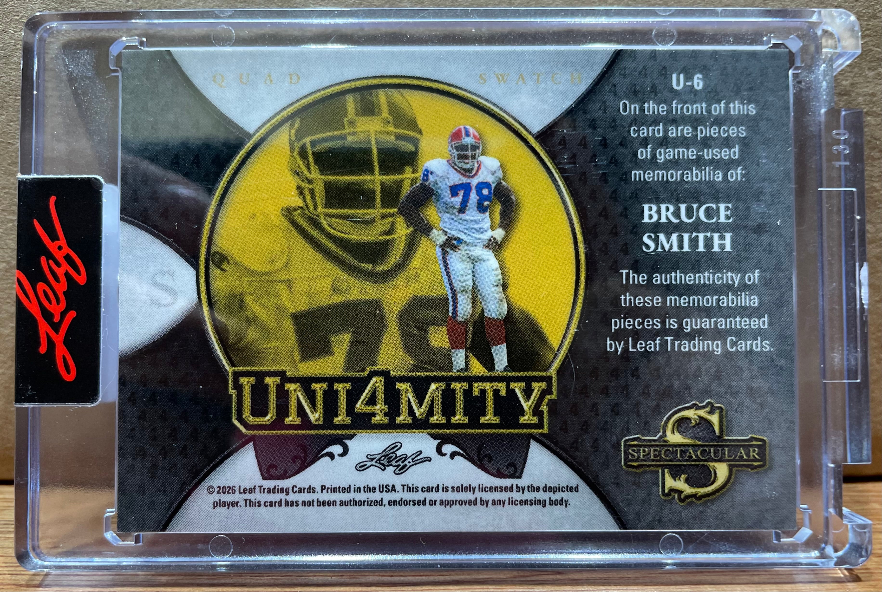 Bruce Smith 2026 Leaf Spectacular Uni4mity 4 Quad Swatch.  Game Worn Numbered 2/2