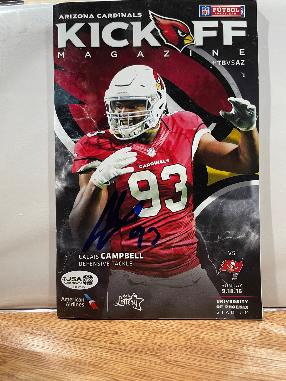 Calais Campbell Autographed Arizona Cardinals Kickoff Program from 9-18-2016-  JSA Hologram