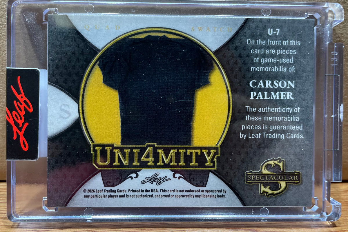Carson Palmer 2026 Leaf Spectacular Uni4mity 4 Quad Swatch.  Numbered 7/20