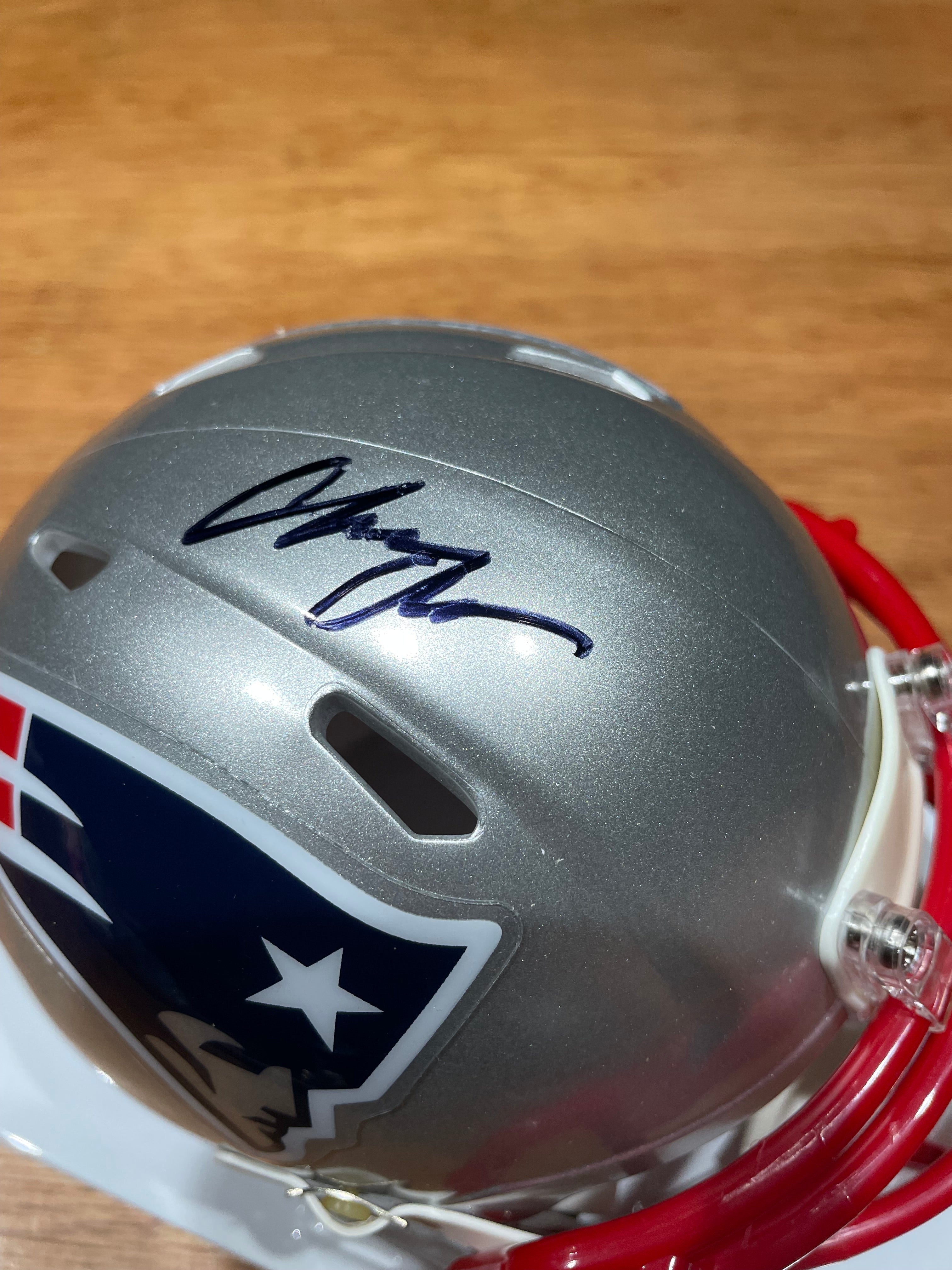 Christian Gonzalez Autographed Patriots Mini Helmet- Beckett Hologram