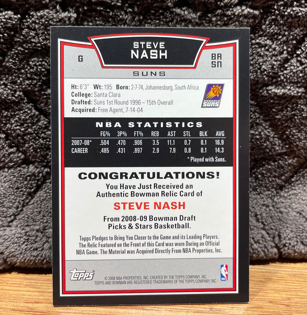 Steve Nash 2008-09 Bowman Draft Picks & Stars Bowman Relics - Game Worn