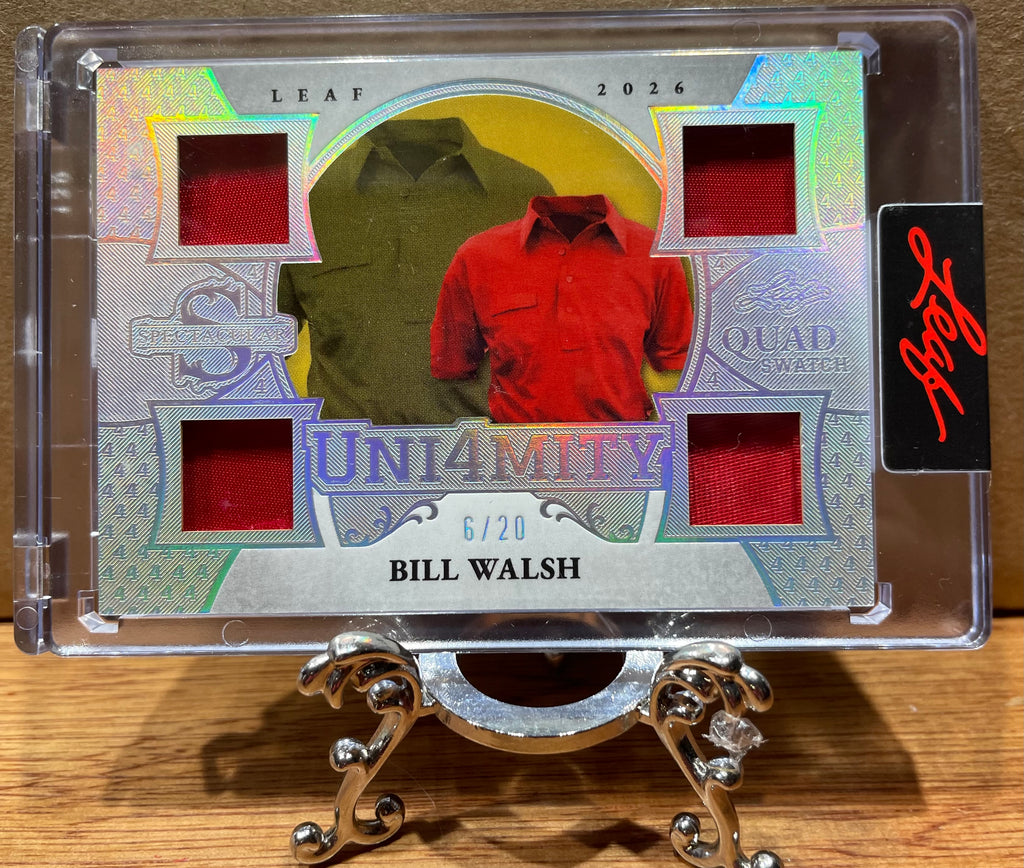 Bill Walsh 2026 Leaf Spectacular Uni4mity 4 Quad Swarch.  Game used. Numbered 6/20