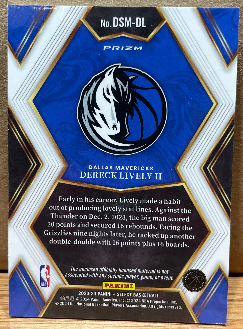 Dereck Lively II 2023-2024 Panini Select Draft Selections with Player Worn Patch