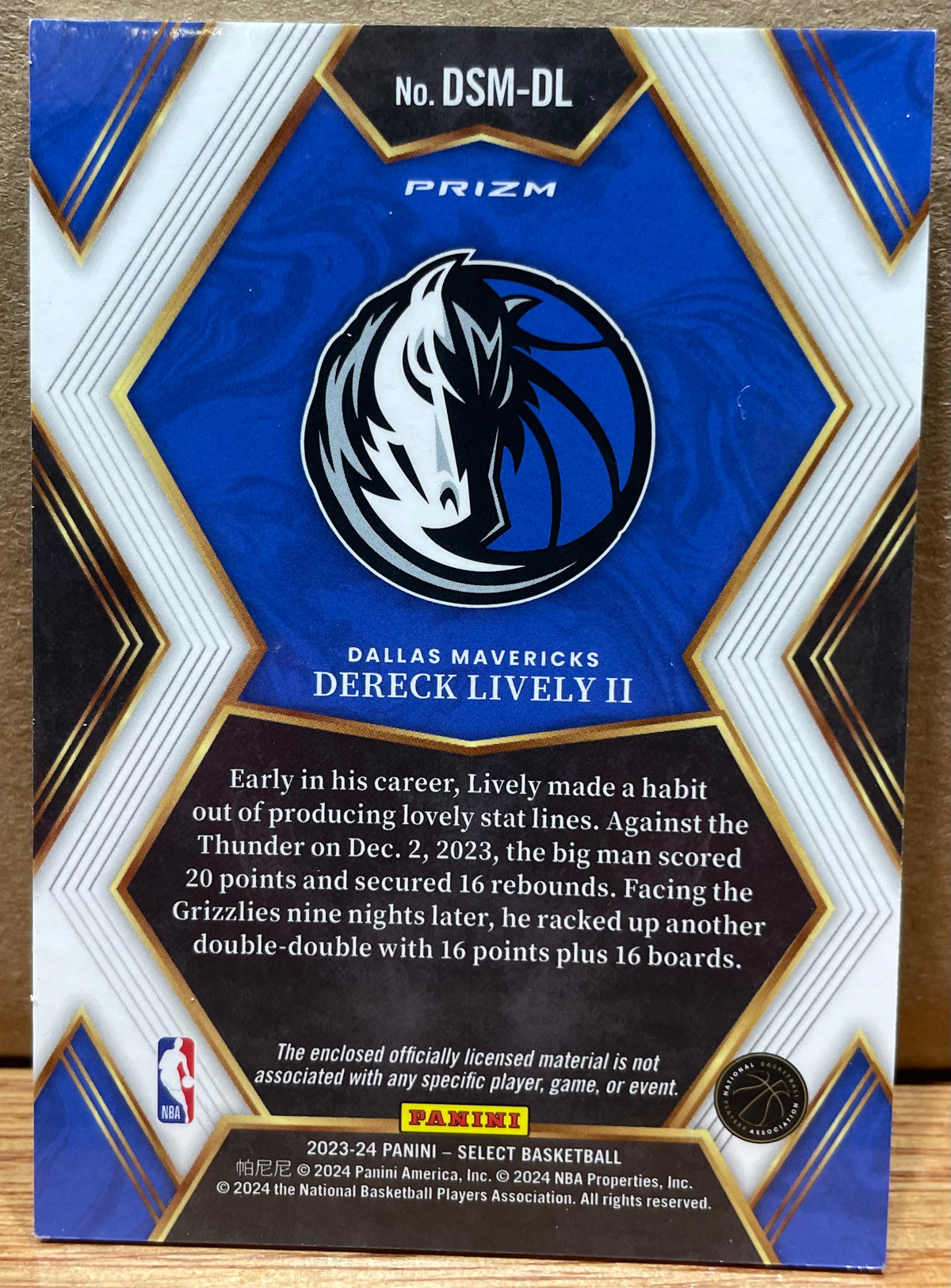 Dereck Lively II 2023-2024 Panini Select Draft Selections with Player Worn Patch