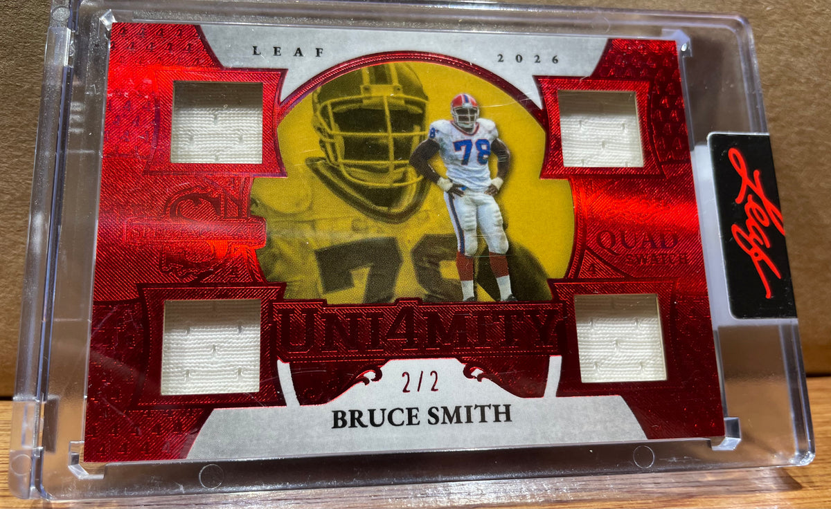 Bruce Smith 2026 Leaf Spectacular Uni4mity 4 Quad Swatch.  Game Worn Numbered 2/2