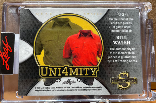Bill Walsh 2026 Leaf Spectacular Uni4mity 4 Quad Swarch.  Game used. Numbered 6/20
