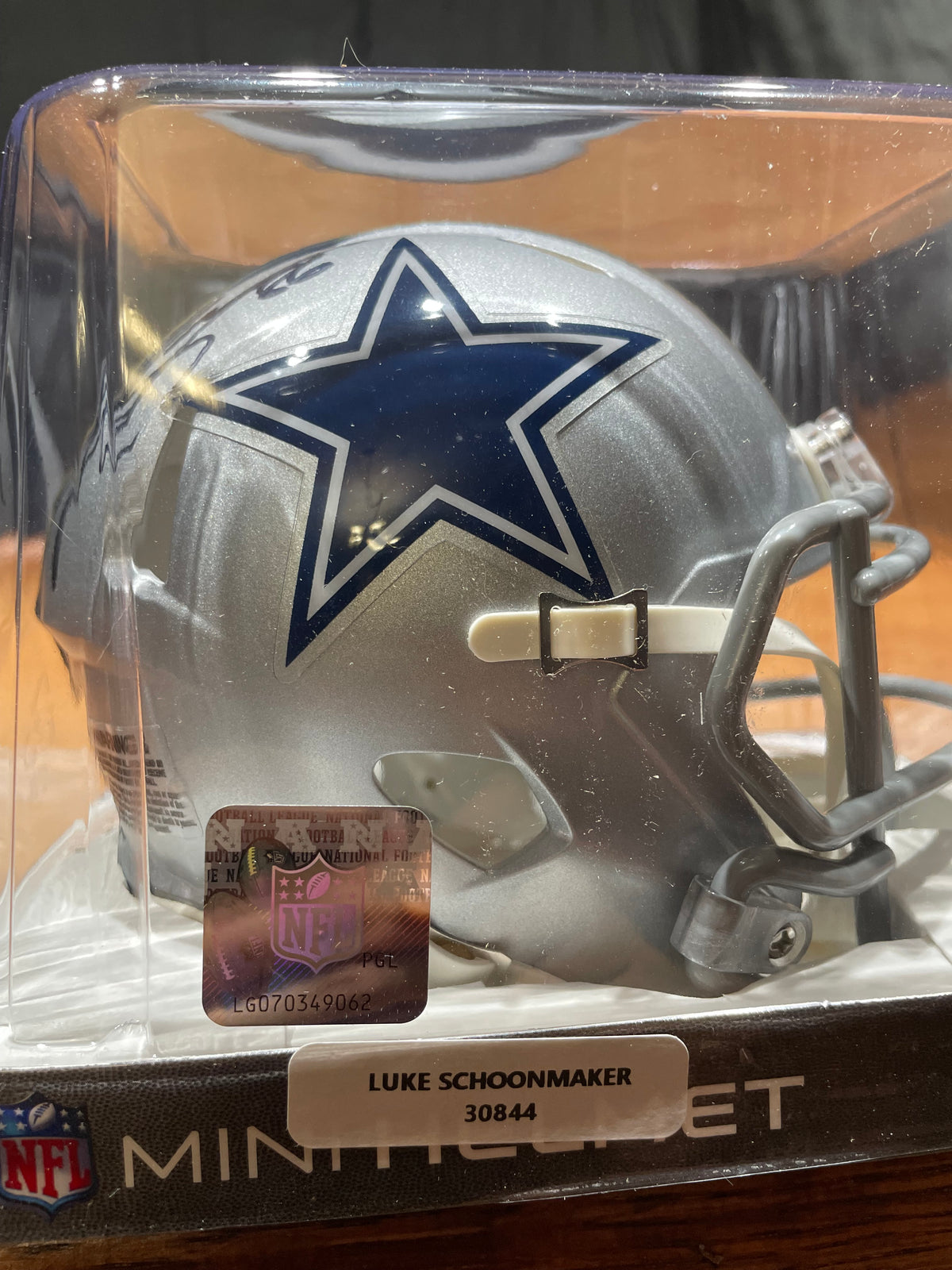 Luke Schoonmaker Autographed Cowboys Mini Helmet- Legit Prova Hologram